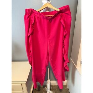 Hot Pink Ruffle Side Wide Leg Cropped Pants High Waist Fuchsia Trousers